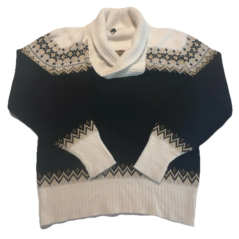 Vtg Orlon‎ CAMPUS Luxury Line Black Yellow Shawl Collar Sweater Fair Isles Small